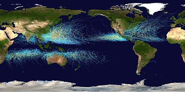 Map of the cumulative tracks of all tropical cyclones during the 1985&ndash;2005 time period. The Pacific Ocean west of the International Date Line sees more tropical cyclones than any other basin, while there is almost no activity in the Atlantic Ocean south of the Equator.