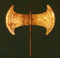 Minoan symbolic labrys of gold, 2nd millennium BC: many Arkalochori Axes have been found in the Arkalochori cave