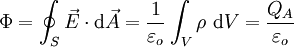 \Phi = \oint_S \vec{E} \cdot \mathrm{d}\vec{A}
= {1 \over \varepsilon_o} \int_V \rho\ \mathrm{d}V = \frac{Q_A}{\varepsilon_o}