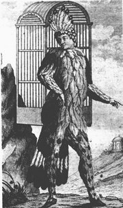 Emanuel Schikaneder, librettist of Die Zauberfl&ouml;te, shown performing in the role of Papageno. The object on his back is a birdcage; see below.