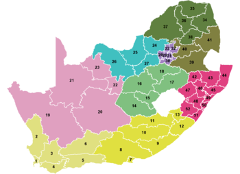 Map showing the provinces and districts (numbered) of South Africa.     &nbsp;&nbsp;&nbsp;&nbsp;&nbsp;Northern Cape  &nbsp;&nbsp;&nbsp;&nbsp;&nbsp;North West  &nbsp;&nbsp;&nbsp;&nbsp;&nbsp;Gauteng        &nbsp;&nbsp;&nbsp;&nbsp;&nbsp;Limpopo        &nbsp;&nbsp;&nbsp;&nbsp;&nbsp;Mpumalanga   &nbsp;&nbsp;&nbsp;&nbsp;&nbsp;KwaZulu-Natal  &nbsp;&nbsp;&nbsp;&nbsp;&nbsp;Eastern Cape   &nbsp;&nbsp;&nbsp;&nbsp;&nbsp;Free State      &nbsp;&nbsp;&nbsp;&nbsp;&nbsp;Western Cape       