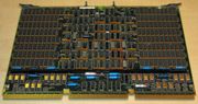 A four-megabyte RAM card measuring about 56 by 38 centimeters (twenty-two by fifteen inches); made for the VAX 8600 minicomputer (ca. 1986). Dual in-line package (DIP)&nbsp; Integrated circuits populate nearly the whole board; the RAM chips are the most common kind, and located in the rectangular areas to the left and right.