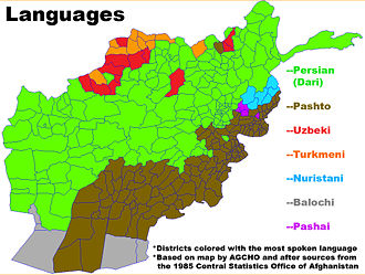 Languages of Afghanistan (percentages are from CIA World Factbook) 50% Dari 35% Pashto 8% Uzbek 3% Turkmen 4% Balochi 2% other (Nuristani, Pashai, Brahui, etc.)