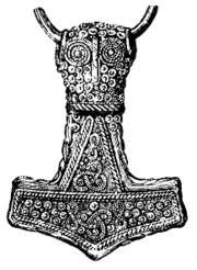 Drawing of an archaeological find from &Ouml;land, Sweden of a gold plated depiction of Mjolnir in silver.