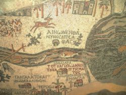 Part of the 6th century Madaba Map showing Aenon and Bethabara, places of baptism of St. John (&Beta;έ&theta;&alpha;&beta;&alpha;&rho;ά &tau;&omicron; &tau;&omicron;ύ ά&gamma;ί&omicron;&upsilon; &Iota;&omega;ά&nu;&nu;&omicron;&upsilon; &tau;&omicron;ύ &beta;&alpha;&pi;&tau;ί&sigma;&mu;&alpha;&tau;&omicron;&sigmaf;)