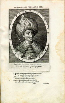 Shah &lsquo;Abbās King of the Persians.Copper engraving by Dominicus Custos, from his Atrium heroicum Caesarum pub. 1600-1602.