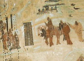 Zhang Qian leaving emperor Han Wudi, for his expedition to Central Asia from 138 to 126 BC, Mogao Caves mural, Dunhuang, 618&ndash;712.