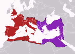 The division of the Empire after the death of Theodosius I, ca.395 AD superimposed on modern borders. &nbsp;&nbsp;&nbsp;&nbsp;&nbsp;Western Roman Empire &nbsp;&nbsp;&nbsp;&nbsp;&nbsp;Eastern Roman Empire