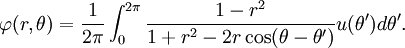\varphi(r,\theta) = \frac{1}{2\pi} \int_0^{2\pi} \frac{1-r^2}{1 +r^2 -2r\cos (\theta -\theta')} u(\theta')d\theta'.\,
