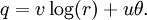 \,q = v\log(r) + u\theta.