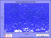 Total Solar Eclipse Paths: 1001&ndash;2000. This image was merged from 50 separate images from NASA.