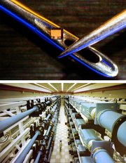 Lasers range in size from microscopic diode lasers (top) with numerous applications, to football field sized neodymium glass lasers (bottom) used for inertial confinement fusion, nuclear weapons research and other high energy density physics experiments.