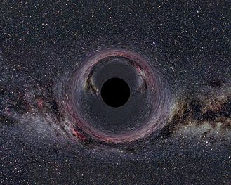 Simulated view of a black hole in front of the Milky Way. The hole has 10 solar masses and is viewed from a distance of 600&nbsp;km. An acceleration of about 400 million g is necessary to sustain this distance constantly.