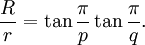 {R\over r} = \tan\frac{\pi}{p}\tan\frac{\pi}{q}.