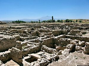 Vestiges of the merchant colony of K&uuml;ltepe ("Karum" of "Kanesh") with Mount Erciyes (20 km) distinguishable in the background.