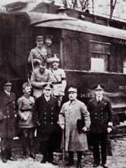This photograph was taken after reaching an agreement for the armistice that ended World War I. The location is in the forest of Compi&egrave;gne. Foch is second from the right. The train carriage seen in the background, where the armistice was signed, would prove to be the setting of France's own armistice in June 1940. When the WWII armistice was signed, Hitler had the rail car taken back to Berlin where it was destroyed when allied aircraft bombed the city.