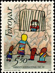 1986 Faroe postage stamp celebrating AI's 25th anniversary - Painting by 11 year old Rannv&aacute; Kunoy