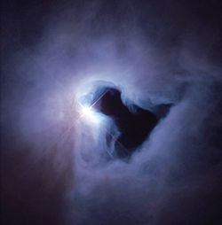 The reflection nebula NGC 1999 is brilliantly illuminated by V380 Orionis (center), a variable star with about 3.5&nbsp;times the mass of the Sun. NASA image