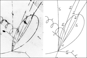 1974 discovery photograph of a possible charmed baryon, now identified as the &Sigma;++c
