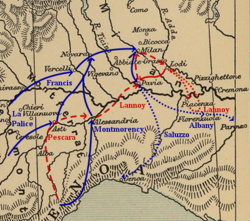 The French advance into Lombardy and the Pavia campaign of 1524&ndash;25.  French movements are indicated in blue and Imperial movements in red.