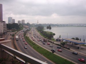 Freeway along the &Eacute;bri&eacute; Lagoon near the Plateau, Abidjan's business district and centre of the city.