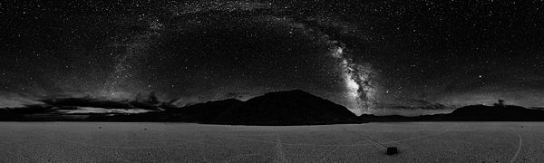 360&deg; panorama of Racetrack Playa at night. The Milky Way is visible as an arc in the center.