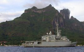 The French frigate Flor&eacute;al, stationed in Bora Bora lagoon.