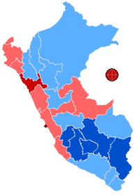 Geographic distribution of Second Round votes, by winning candidate.  &nbsp;&nbsp;&nbsp;&nbsp;&nbsp;Alan Garc&iacute;a, >2/3 of valid votes &nbsp;&nbsp;&nbsp;&nbsp;&nbsp;Alan Garc&iacute;a, <2/3 of valid votes &nbsp;&nbsp;&nbsp;&nbsp;&nbsp;Ollanta Humala, >2/3 &nbsp;&nbsp;&nbsp;&nbsp;&nbsp;Ollanta Humala, <2/3
