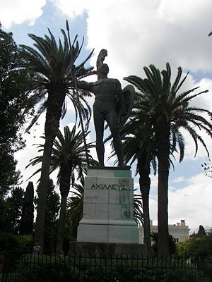 Achilles as guardian of the palace in the gardens of the Achilleion in Corfu. He gazes northward toward the city. The inscription in Greek reads: &Alpha;&Chi;&Iota;&Lambda;&Lambda;&Epsilon;&Upsilon;&Sigma; i.e. Achilles