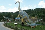 Model Diplodocus standing on its hind legs in Bałt&oacute;w, Poland.