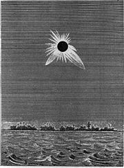French and American expeditions converged on Caroline Island in May 1883 to observe an unusually long total solar eclipse. An expedition member made this drawing.