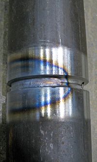 The blue area results from oxidation at a corresponding temperature of 600&nbsp;&deg;F (316&nbsp;&deg;C). This is an accurate way to identify temperature, but does not represent the HAZ width. The HAZ is the narrow area that immediately surrounds the welded base metal.