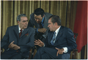 Brezhnev and Nixon during Brezhnev's June 1973 visit to Washington; this marked a high-water mark in d&eacute;tente between the United States and the Soviet Union.