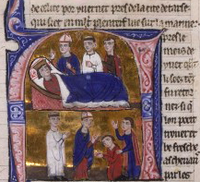 Death of John II Komnenos, and crowning of Manuel I Komnenos (from the Manuscript of William of Tyre's Historia and Old French Continuation, painted in Acre, Israel, 13th century, Biblioth&egrave;que nationale de France).