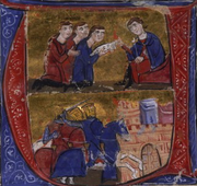 Manuel and the envoys of Amalric &ndash; arrival of the crusaders in Pelusium (from the Manuscript of William of Tyre's Historia and Old French Continuation, painted in Acre, Israel, 13th century, Biblioth&egrave;que nationale de France).