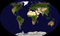 A Winkel Tripel projection, argued by Goldberg & Gott as the best overall whole-earth map projection known, and the standard projection for world maps made by the National Geographic Society.