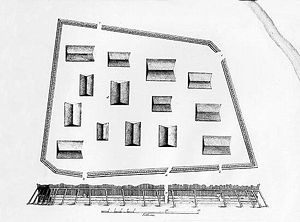A plan and elevation sketch of the Tlingit fort Shis'k&iacute; Noow drawn by Yuri Lisyansky after the Battle of Sitka in 1804. The Indian River flows through the upper right corner of Lisyansky's drawing.