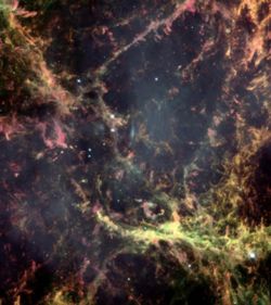 Hubble Space Telescope image of a small region of the Crab Nebula, showing  Rayleigh&ndash;Taylor instabilities in its intricate filamentary structure. Credit: NASA/ESA.