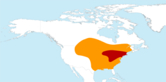Distribution map of Ectopistes migratoriusIn red&nbsp;: breeding zone; In yellow&nbsp;: wintering zone