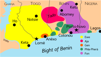 The Gbe language area. Green spots are languages of the Phla-Pher&aacute; cluster according to Capo (1988).