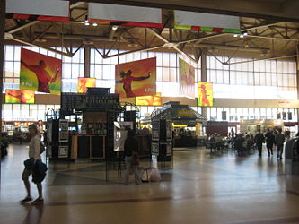 South Station, in Boston, Massachusetts, is a major transportation hub for interstate Amtrak trains and for the MBTA commuter rail, operated by Amtrak.