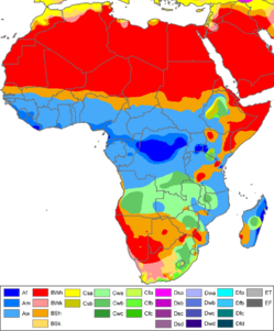 Climate zones of Africa, showing the ecological break between the desert climate of the Sahara and the Horn of Africa (red), the semi-arid Sahel (orange) and the tropical climate of Central and Western Africa (blue). Southern Africa has a transition to semi-tropical or temperate climates (green), and more desert or semi-arid regions, centered on Namibia and Botswana.