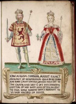 M&aacute;el Coluim and Margaret as depicted in a 16th century armorial. Note the coats of arms both bear on their clothing - Malcolm wears the Lion of Scotland, which historically was not used until the time of his great-grandson William the Lion; Margaret wears the supposed arms of Edward the Confessor, her grand-uncle, although the arms were in fact concocted in the later Middle Ages.