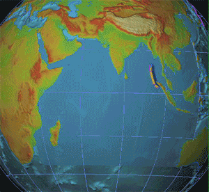 Animation of the tsunami caused by the earthquake showing how the tsunami radiated from the entire length of the 1,600&nbsp;km (994&nbsp;mi) rupture.
