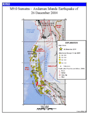 Locations of initial earthquake and all aftershocks measuring greater than 4.0 from December 26, 2004&ndash;January 10, 2005.  The site of the original quake is marked by the large star in the lower right square of the grid. (Credit: USGS)