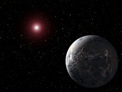 Artist's impression of the  planet OGLE-2005-BLG-390Lb (with surface temperature of approximately &minus;220 &deg;C), orbiting its star 20,000 light years (117.5 quadrillion miles) from Earth; this planet was discovered with gravitational microlensing.