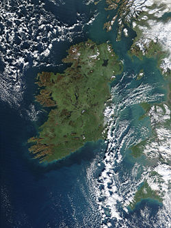 True-colour satellite image of Ireland, known in Irish as &Eacute;ire.