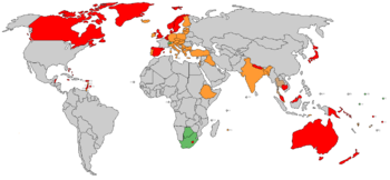 States currently utilizing parliamentary systems are denoted in red and orange&mdash;the former being constitutional monarchies where authority is vested in a parliament, the latter being parliamentary republics whose parliaments are effectively supreme over a separate head of state. States denoted in green have the roles of head of state and head of government in one office, similar to presidential systems, but this office is filled by parliament's choice and elected separately.