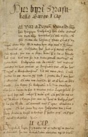 The first page of Hrafnkels saga from the &Aacute;rni Magn&uacute;sson Institute &Aacute;M. 156, fol. &mdash; one of the saga's most important manuscripts, dating from the 17th century.