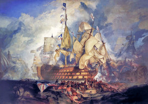 The Battle of Trafalgar by J. M. W. Turner (oil on canvas, 1822&ndash;1824) shows the last three letters of this famous signal flying from the Victory.
